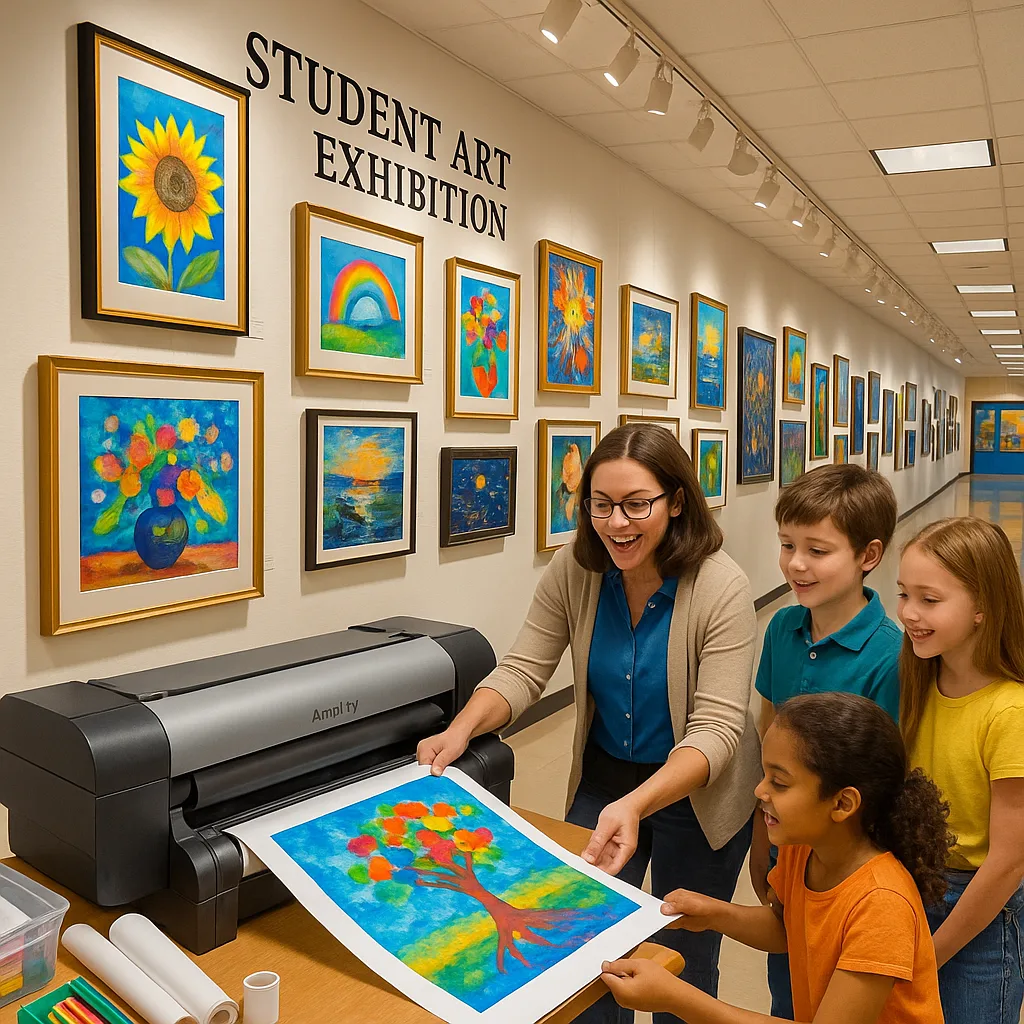 A vibrant, art gallery setting a school hallway transformed into a museum-quality exhibition space. Multiple framed student artworks are displayed on white walls lighting. In the foreground, an