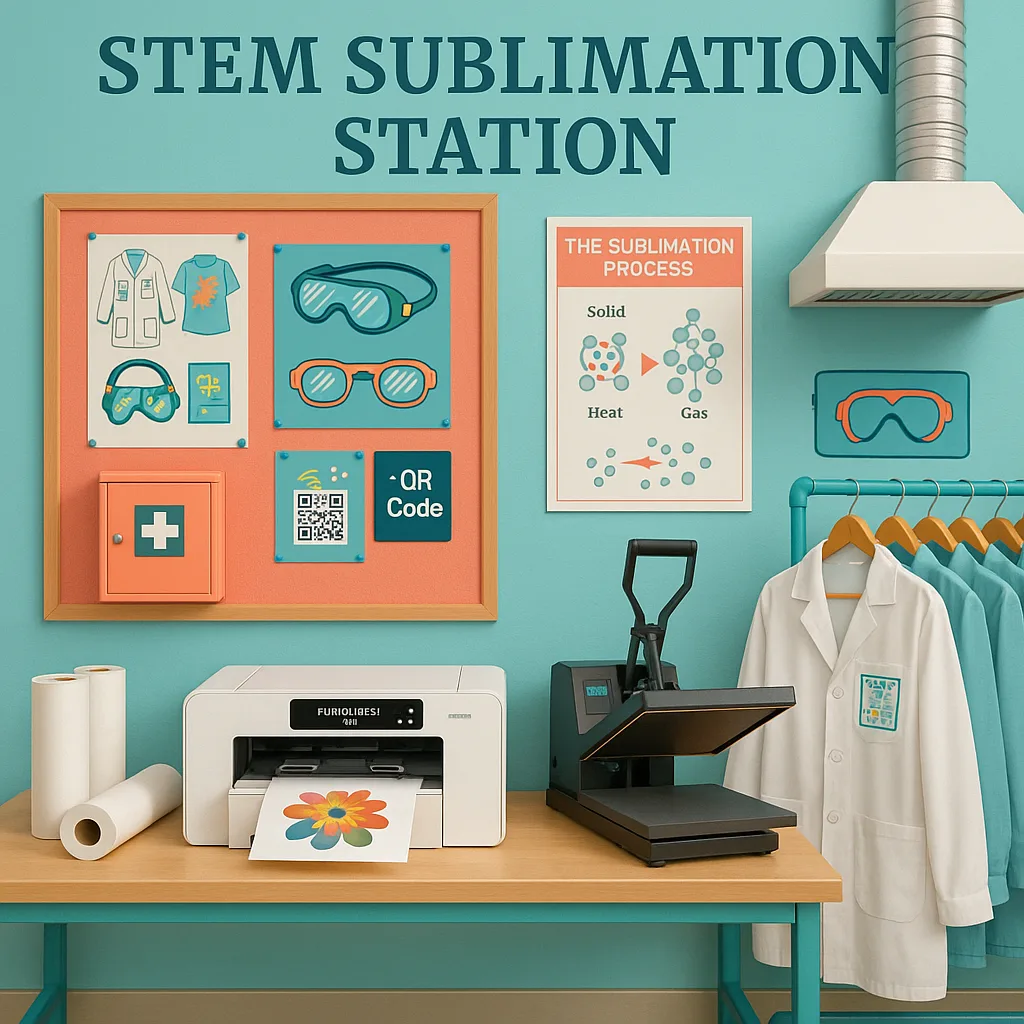 Design a clean, organized sublimation workstation setup in a STEM classroom. Show a Fundraiser Pro sublimation printer on a dedicated table heat press nearby, rolls of sublimation paper, and Design a clean, organized sublimation workstation setup in a STEM classroom. Show a Fundraiser Pro sublimation printer on a dedicated table heat press nearby, rolls of sublimation paper, and