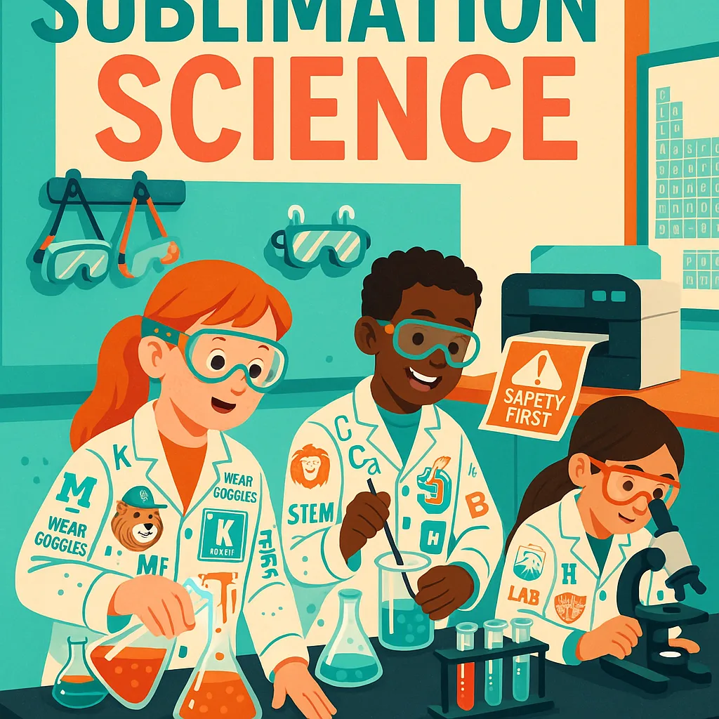 A vibrant, science classroom scene students in custom-designed lab coats colorful school-themed patterns working at lab stations. Include a sublimation printer in the background producing safety