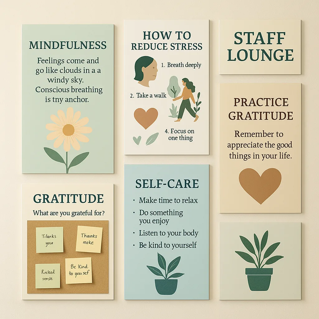 Design a bright, welcoming staff lounge wellness wall multiple professionally printed posters in various sizes. Show posters mindfulness quotes, stress-reduction techniques simple illustrations, Design a bright, welcoming staff lounge wellness wall multiple professionally printed posters in various sizes. Show posters mindfulness quotes, stress-reduction techniques simple illustrations,