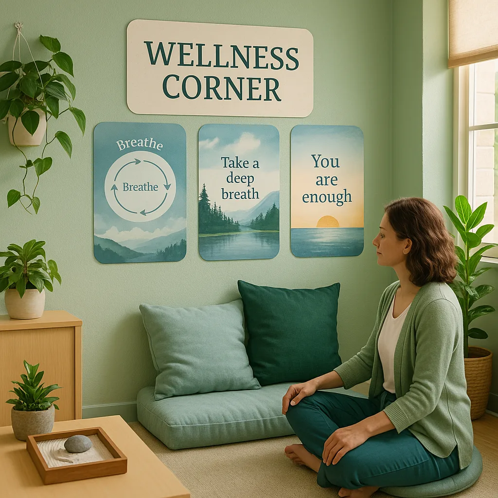 A serene, nature-inspired classroom wellness corner a soft green and blue color palette. Show a peaceful wall display mindfulness posters, breathing exercise visuals, calming nature scenes, and