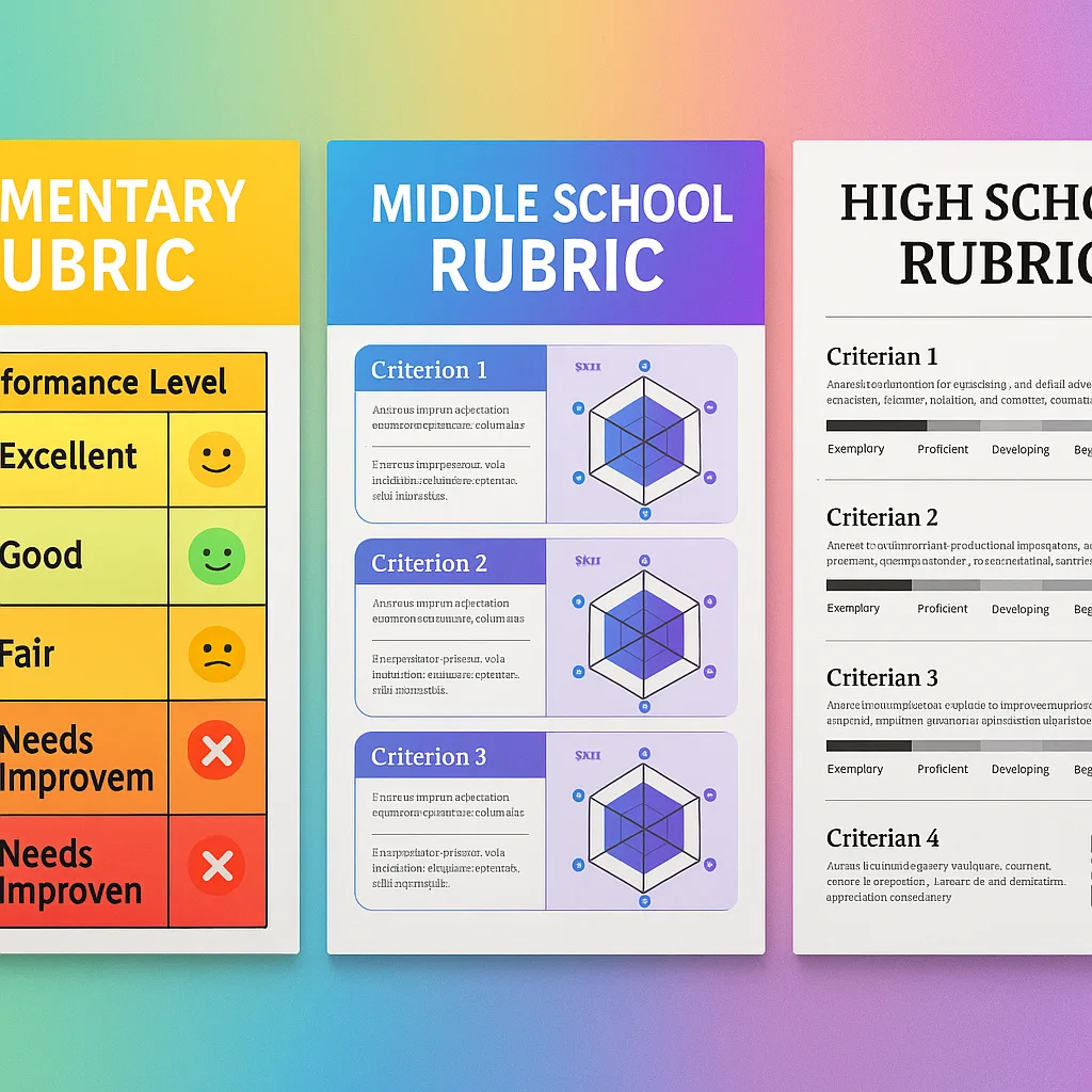 A close-up view of three different age-appropriate rubric designs side by side. Left panel shows an elementary rubric emoji faces, simple symbols, and primary colors. Middle panel displays a A close-up view of three different age-appropriate rubric designs side by side. Left panel shows an elementary rubric emoji faces, simple symbols, and primary colors. Middle panel displays a