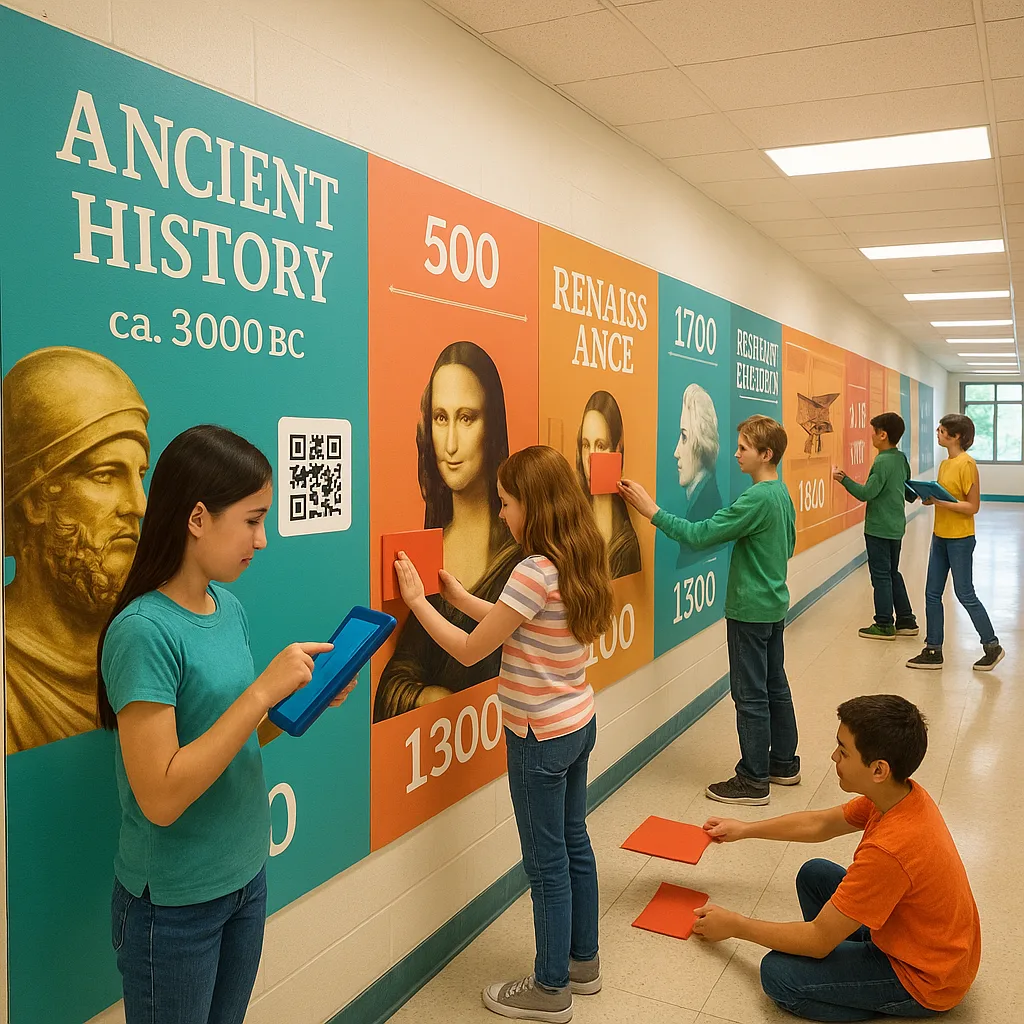 A vibrant, wide-angle photograph of a middle school hallway transformed into an interactive history timeline. The image shows colorful, large-format posters creating a chronological pathway along