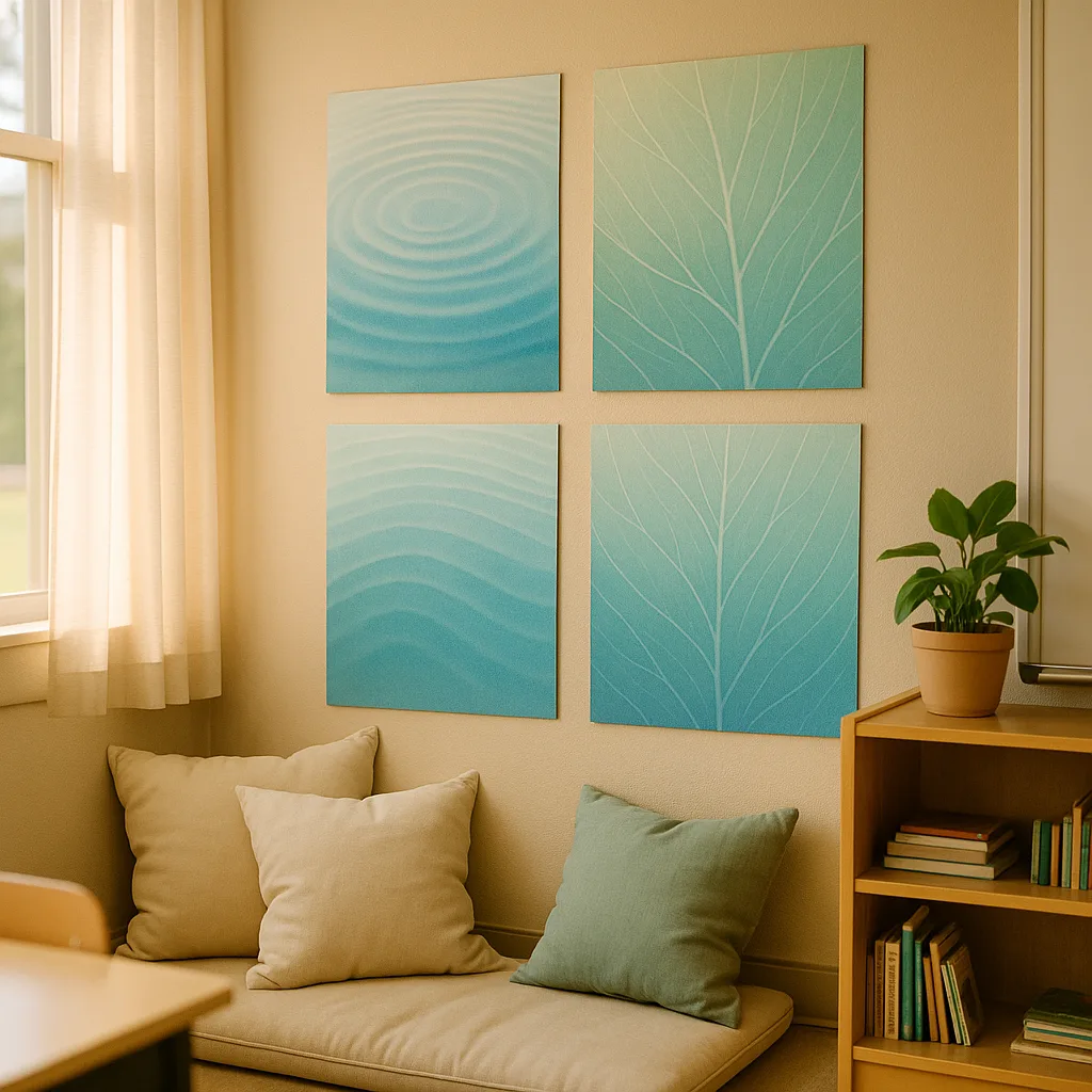 A serene classroom corner soft, nature-inspired posters calming blue and green gradients, comfortable seating neutral-toned cushions, gentle lighting filtering through sheer curtains, and a small