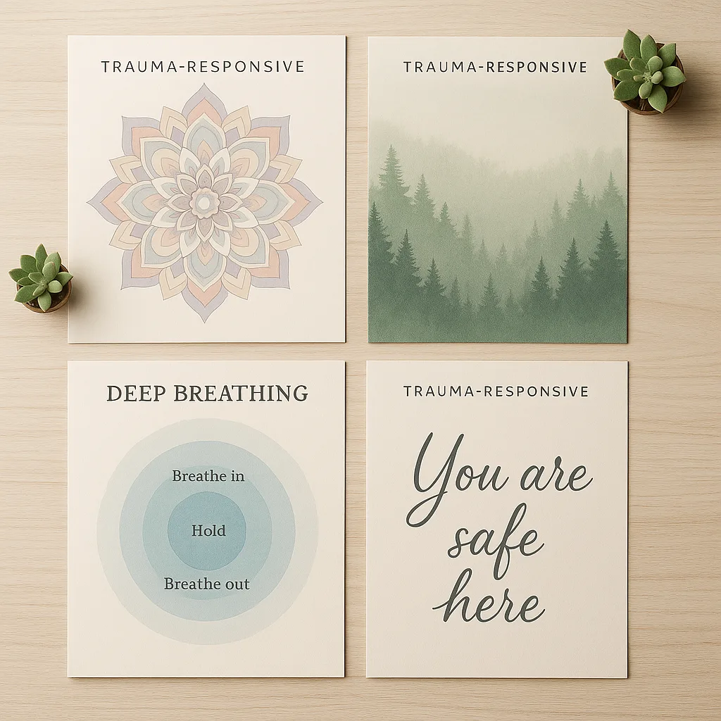 A collection of four trauma-responsive poster designs laid out on a light wooden surface, showcasing different calming themes: a geometric mandala in soft pastels, an abstract forest scene in A collection of four trauma-responsive poster designs laid out on a light wooden surface, showcasing different calming themes: a geometric mandala in soft pastels, an abstract forest scene in
