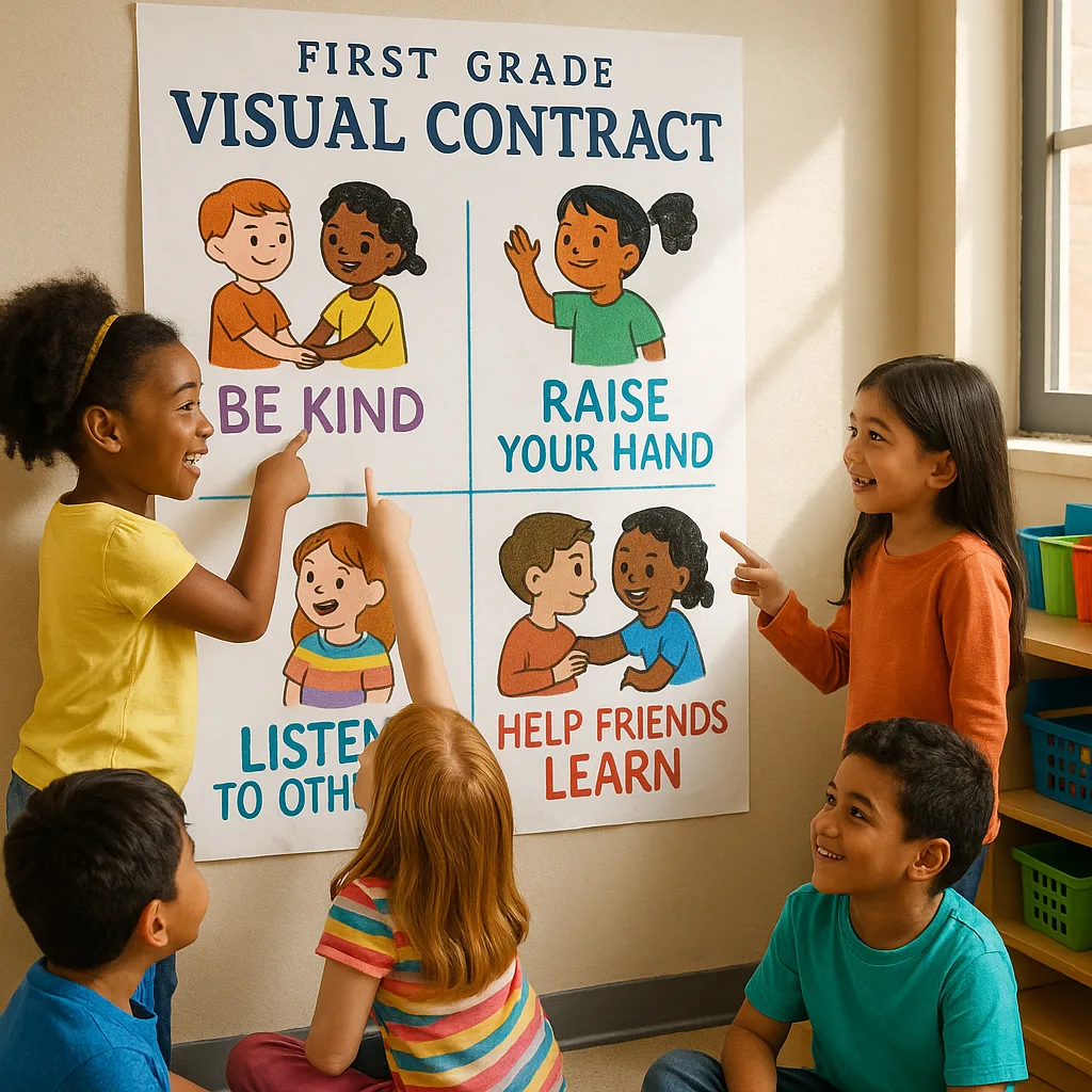 A bright, colorful classroom scene a large visual contract poster on the wall first-grade students pointing excitedly at different sections. The poster should show hand-drawn style illustrations