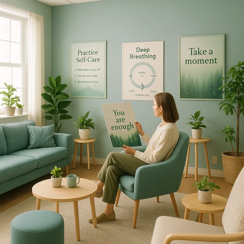 A serene teacher break room transformed into a wellness sanctuary, calming blue and green color schemes, comfortable seating areas, and multiple wellness-focused posters on the walls displaying