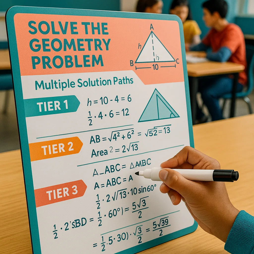 Close-up shot of a student’s hand writing a dry-erase marker on a laminated math poster a geometry problem multiple solution paths. The poster should have clear tier markings (green, orange, red) Interactive math wall station