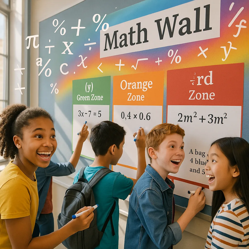 A vibrant, classroom scene diverse middle school students actively engaged at a large math wall. The wall features colorful laminated posters various math problems at different difficulty levels
