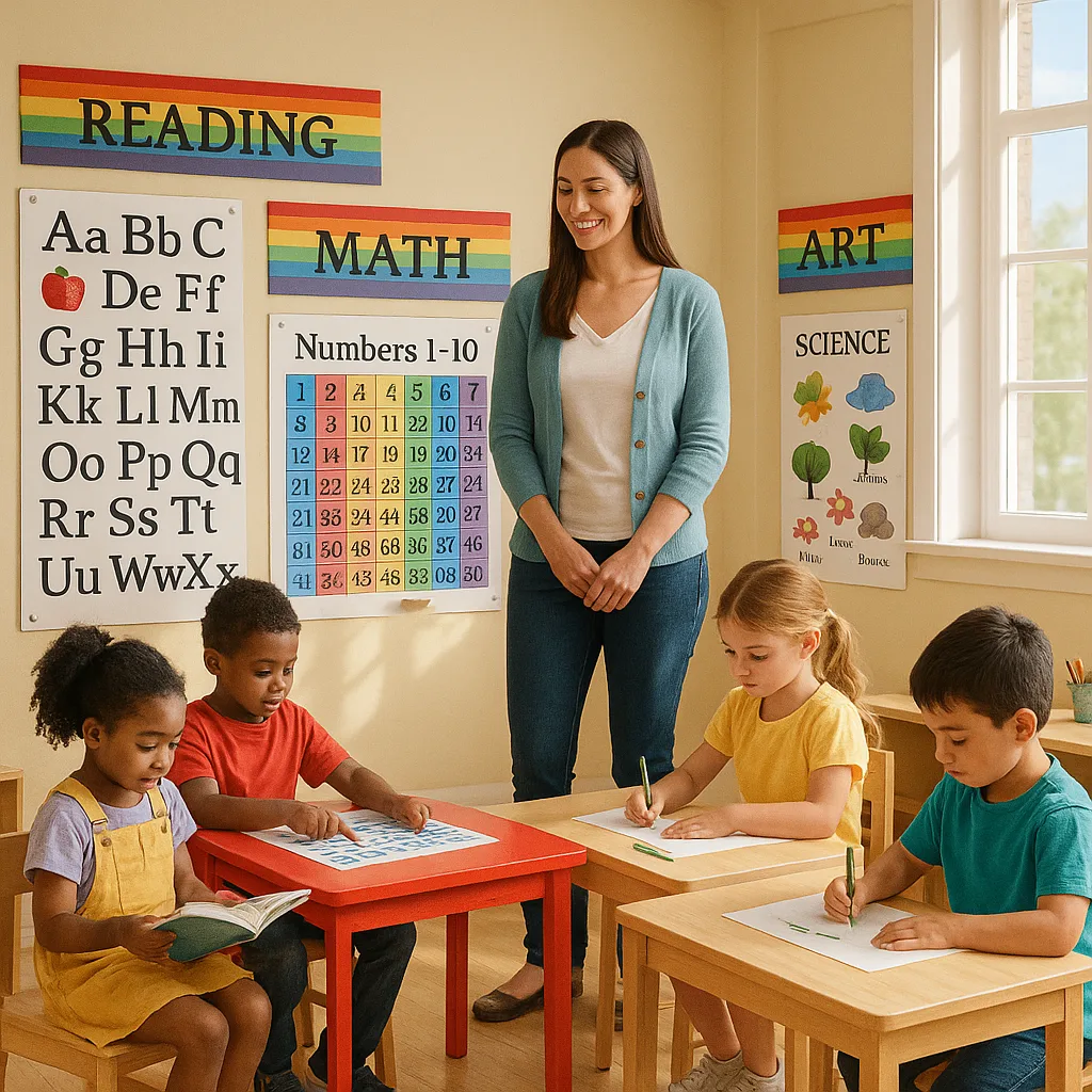 A bright, cheerful classroom scene multiple colorful learning stations large educational posters displayed at each station. Use Google Font 'Merriweather' for any visible text. Include first grade