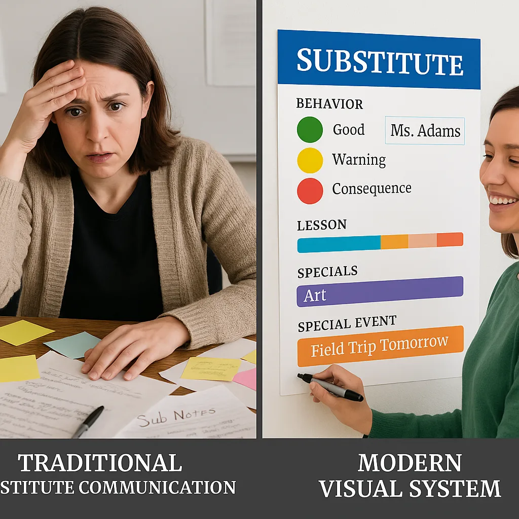 A split-screen image contrast between traditional substitute communication (left side: messy desk scattered sticky notes, handwritten papers, stressed teacher expression) and visual system (right