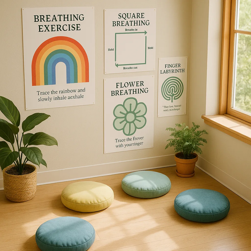 A serene, top-down view of a classroom corner dedicated to mindfulness and breathing exercises. Show colorful, professionally printed breathing exercise posters on the walls rainbow paths, square