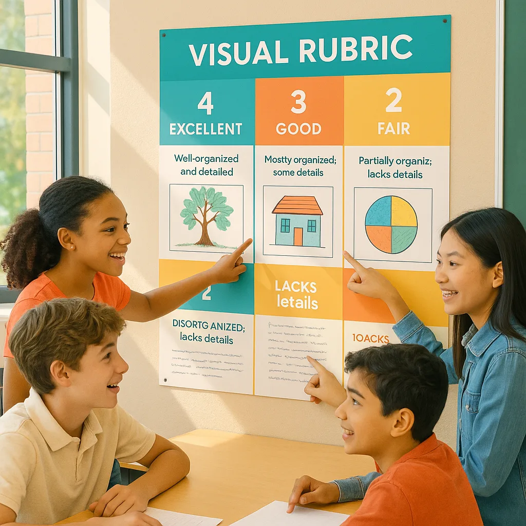 A bright, engaging classroom scene diverse middle school students collaborating around a large, colorful poster displaying a visual rubric. The poster should show clear sections student-friendly