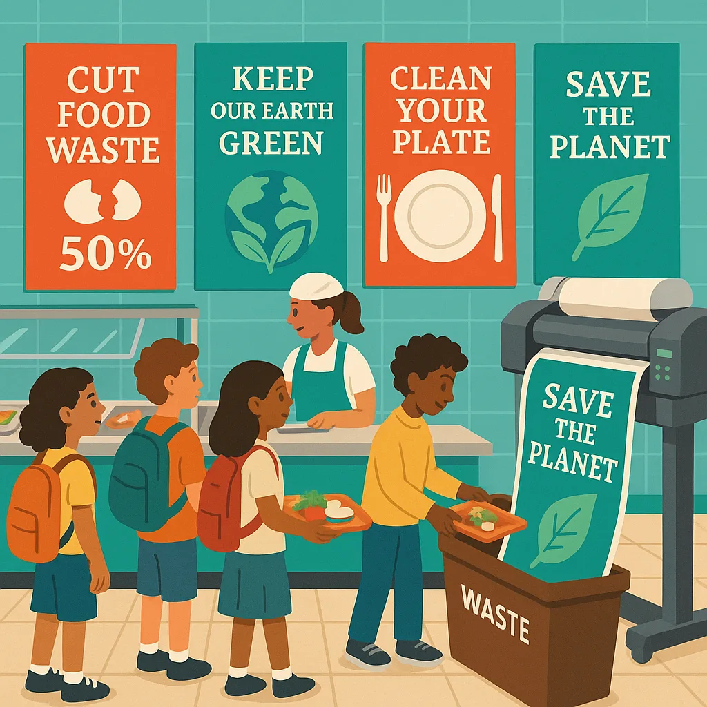 A vibrant, illustration a school cafeteria strategically placed colorful posters on walls. Include diverse students of different ages looking at eye-catching waste reduction posters near the
