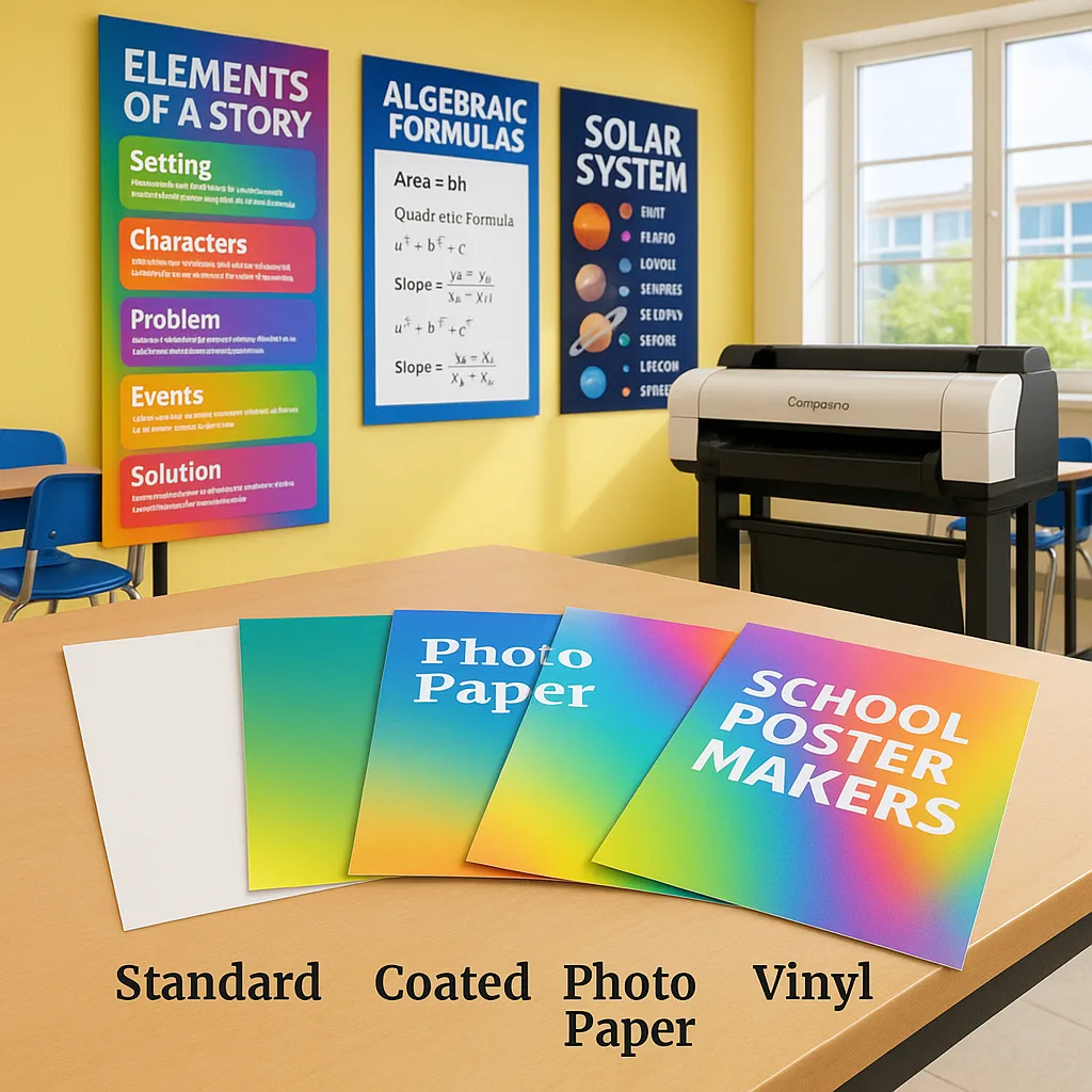 A bright, classroom setting showcasing various poster displays on different paper types. In the foreground, show samples of different poster papers fanned out on a desk - standard, coated, photo