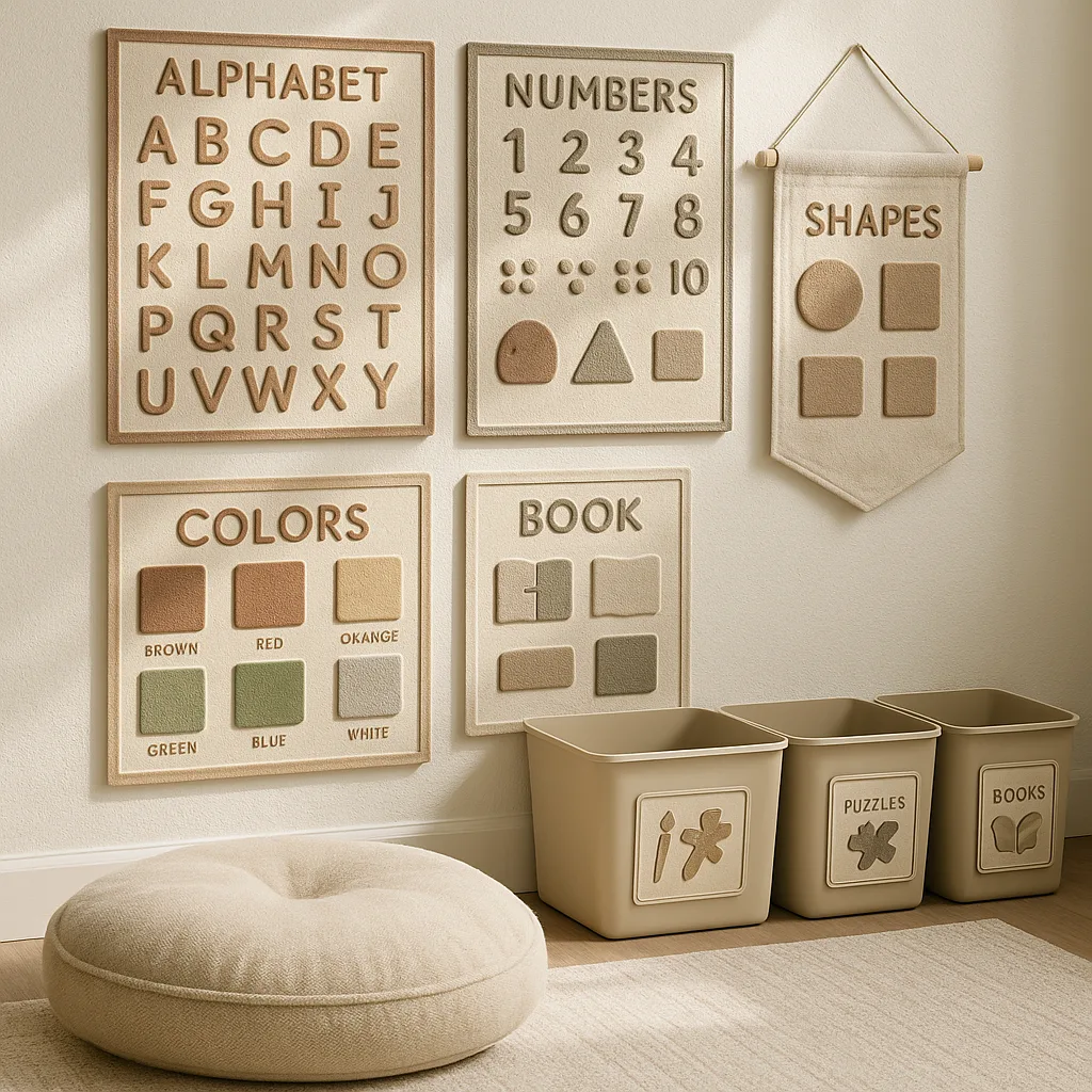 Calming sensory-friendly classroom corner with textured posters