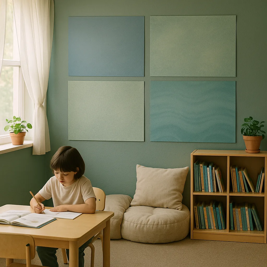 A serene classroom corner soft, nature-inspired textured posters on walls in muted blues and greens, a comfortable reading nook, soft lighting filtering through gauze curtains, and a student