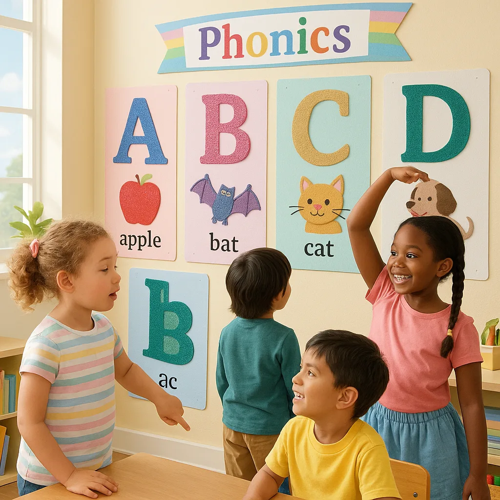 A bright, cheerful classroom scene colorful phonics posters on the walls. Show large letter displays visible textures like sandpaper, glitter, and fabric. Include a diverse group of first-grade