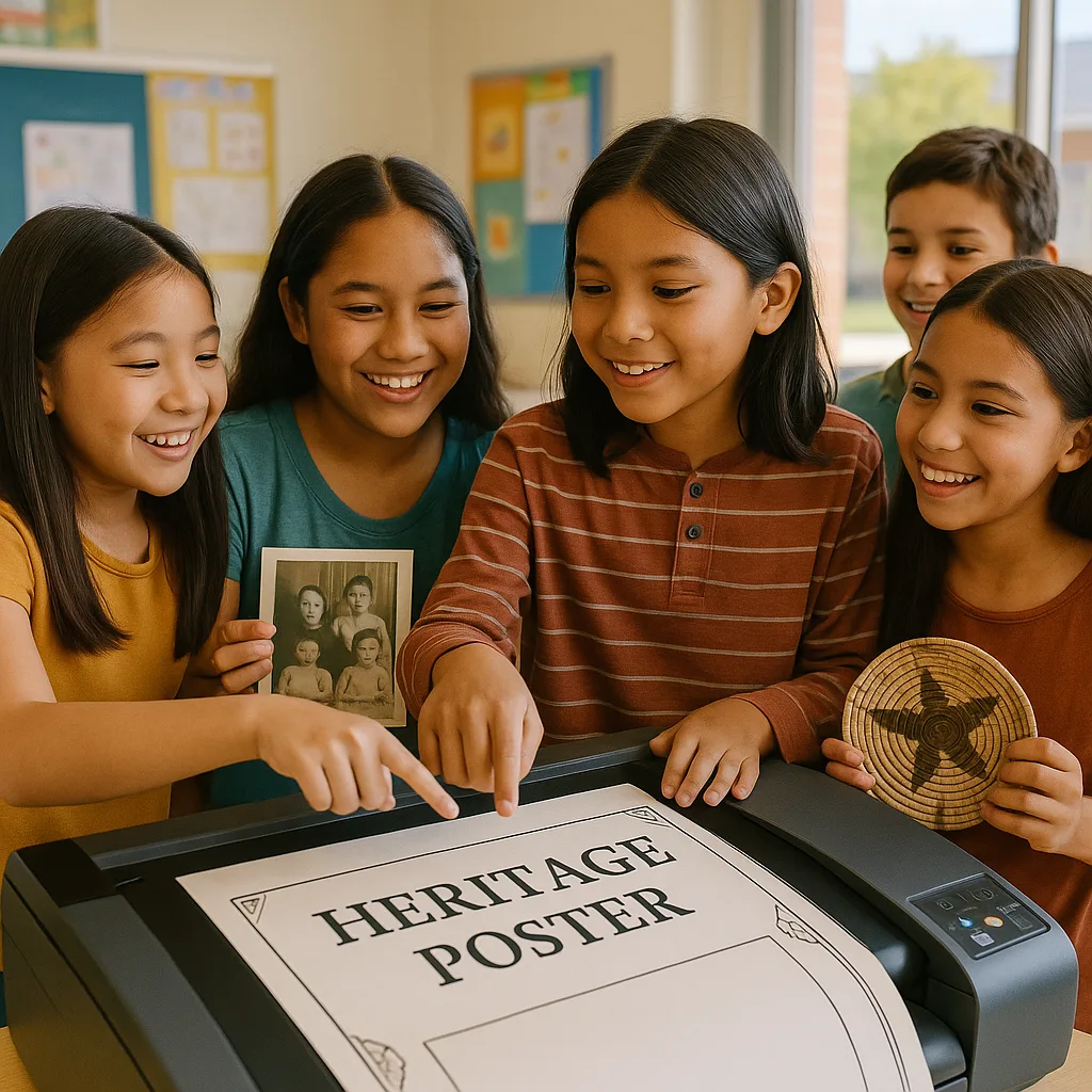 Students collaborating on heritage poster project