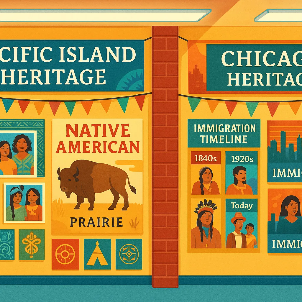 A vibrant, panoramic collage three distinct school hallways - one decorated colorful Pacific Island heritage posters traditional patterns and family photos, another Native American prairie-themed