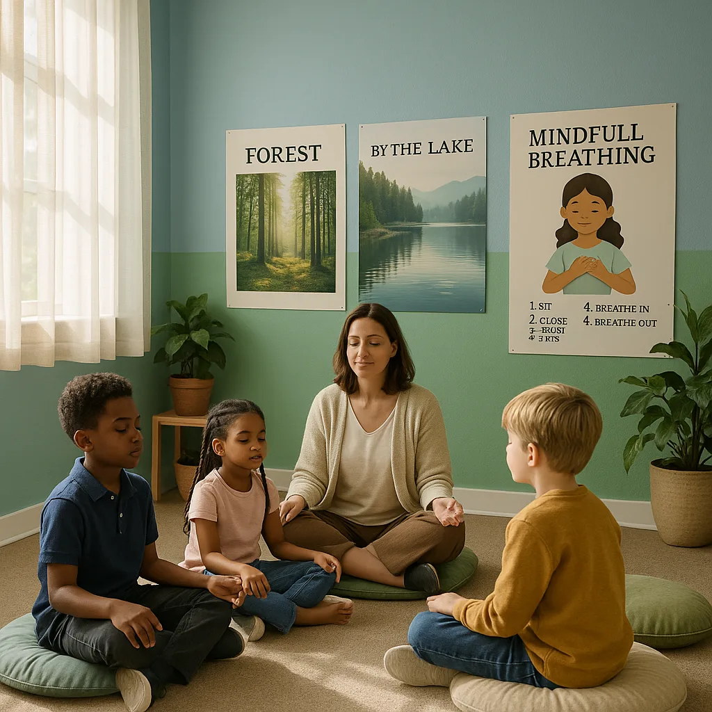 A serene classroom corner soft blue and green wall colors nature-inspired educational posters at child eye level. Sunlight filters through gauze curtains onto comfortable floor cushions arranged
