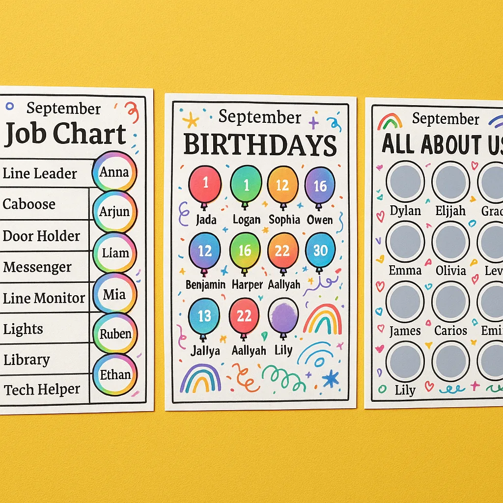 A close-up view of September classroom community posters a colorful job chart student names, a birthday calendar decorated balloons and confetti graphics, and an "All About Us" display board. Show