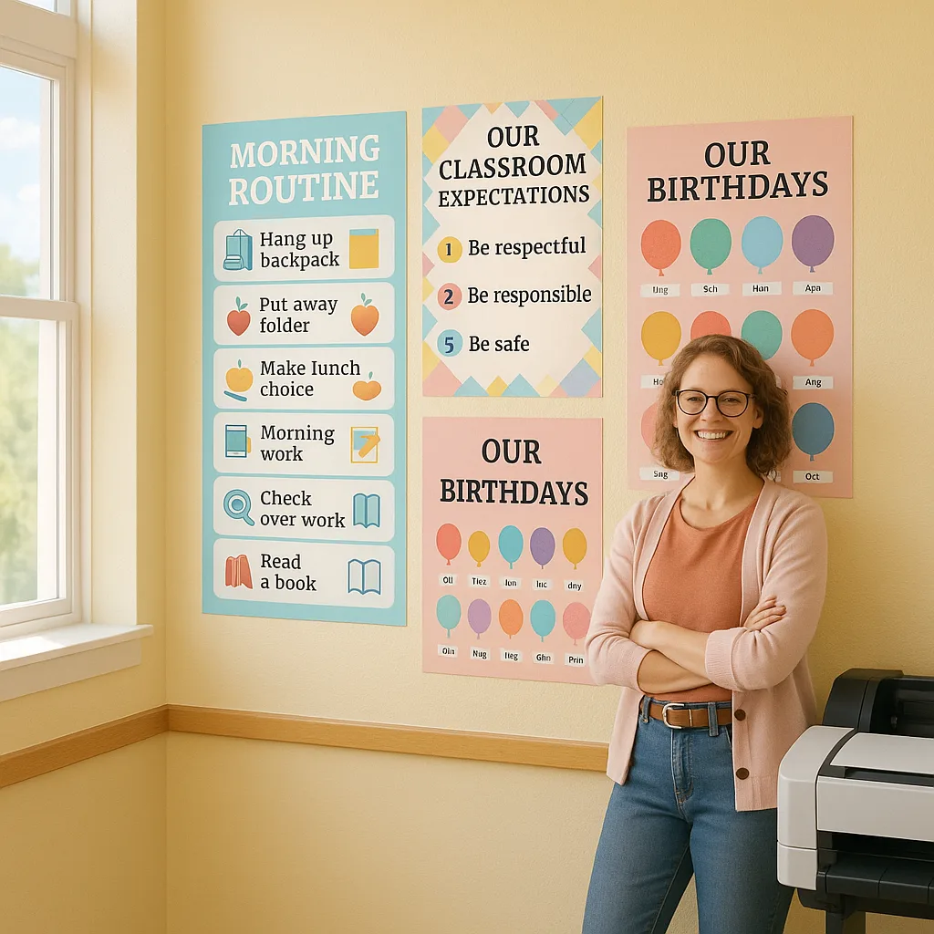 A bright, cheerful classroom scene a first-year teacher proudly standing next to a wall filled colorful educational posters. The posters should include a morning routine chart, behavior