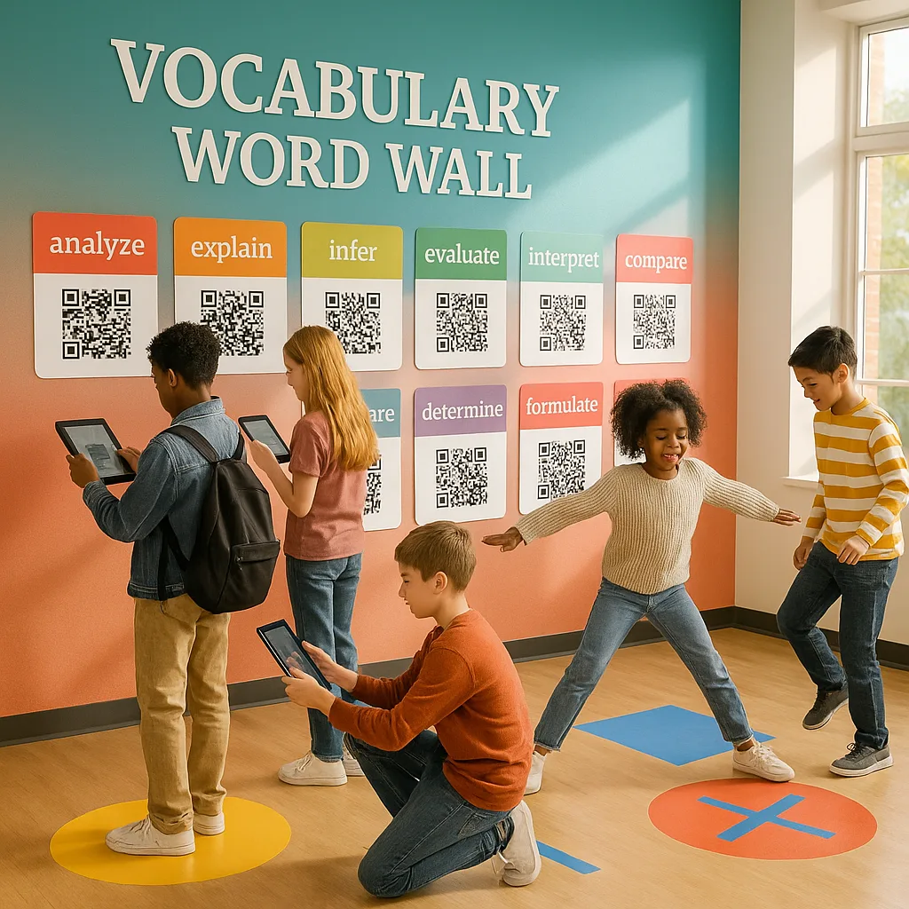 A vibrant, classroom scene an interactive vocabulary word wall visible QR codes, colorful word cards, and movement activity zones marked on the floor. Include diverse middle school students