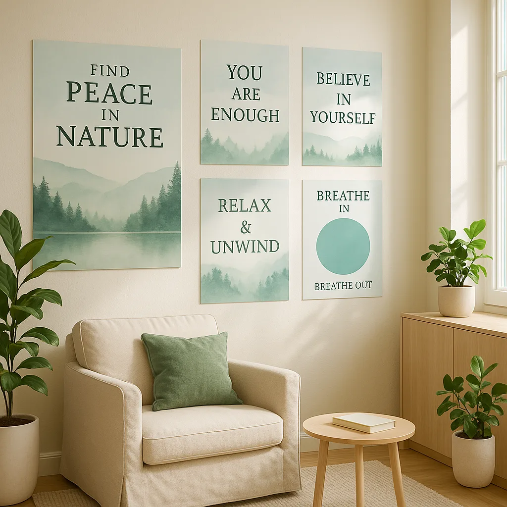 A serene teacher workroom wellness station calming nature-themed posters in soft greens and blues. Include affirmation posters elegant typography in Merriweather font, a breathing exercise visual