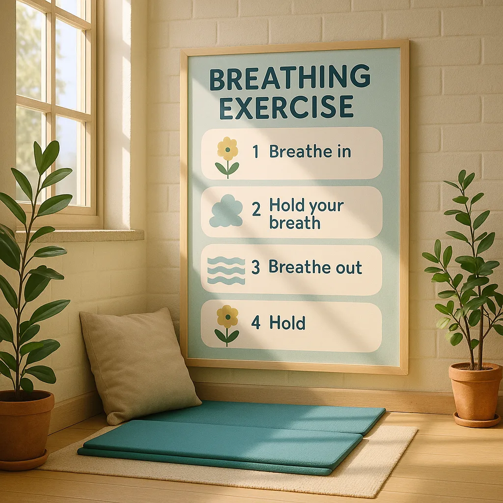A serene classroom corner a large, colorful breathing exercise poster mounted at child height. The poster shows a simple 4-step breathing guide nature-inspired graphics (flowers, clouds, waves).