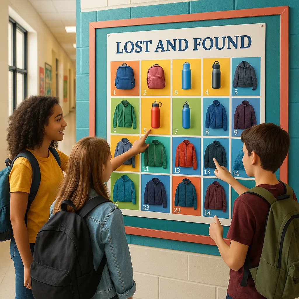 A bright, school hallway colorful poster displays a visual lost and found system. The main focal point is a large, eye-catching poster grid displaying photos of lost items like backpacks, water