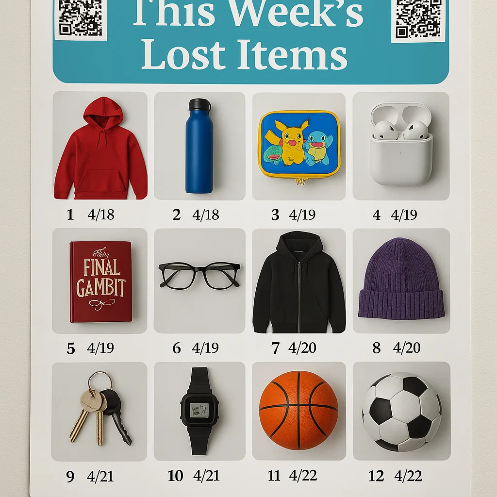 A close-up view of a professional-looking lost and found photo catalog poster created a school poster maker. The poster features a grid layout 12 high-quality photos of lost items against white Visual lost and found organization system