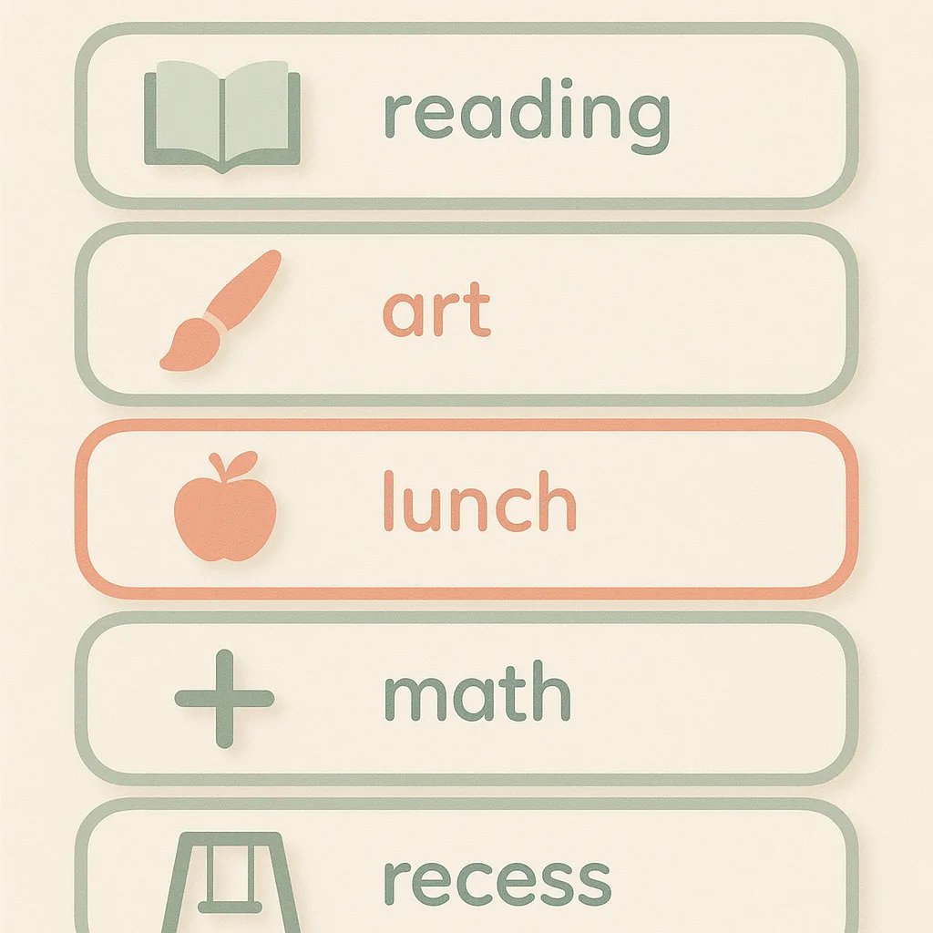 A close-up view of a sensory-friendly visual schedule poster a school day routine soft pastel icons on a light beige background. Each activity is represented by simple, consistent symbols (book A close-up view of a sensory-friendly visual schedule poster a school day routine soft pastel icons on a light beige background. Each activity is represented by simple, consistent symbols (book