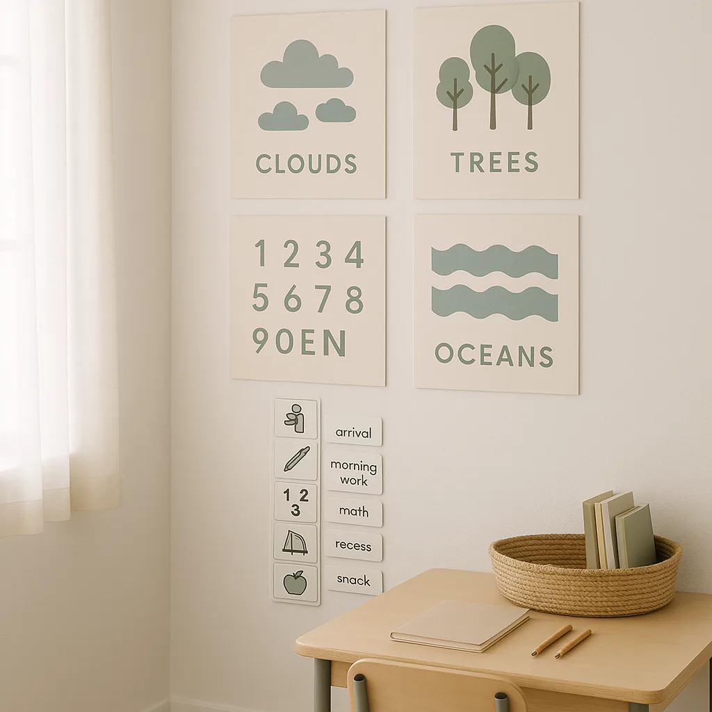 A serene classroom corner calming sage green and soft blue educational posters nature themes (clouds, trees, gentle waves) displayed on white walls. The posters have plenty of white space, simple