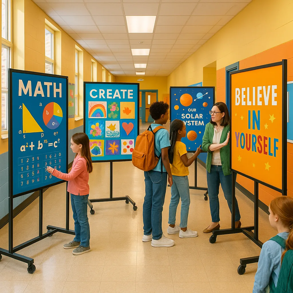 A vibrant, wide-angle photograph of a school hallway transformed into a colorful learning gallery. Mobile poster stands on wheels display educational posters at various heights. Students are