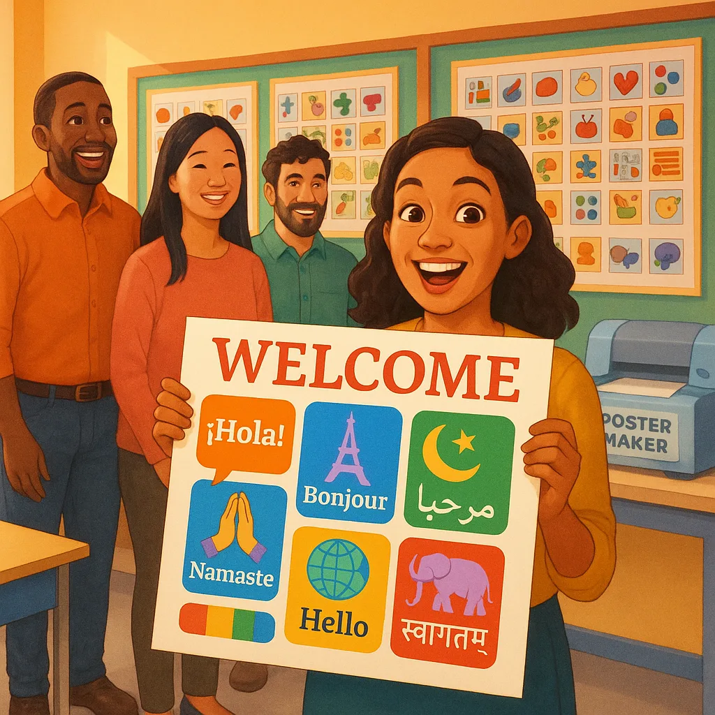 A vibrant, warm classroom scene a diverse teacher (young woman enthusiasm) holding up a colorful multilingual welcome poster icons, symbols, and greetings in multiple languages. Behind her,