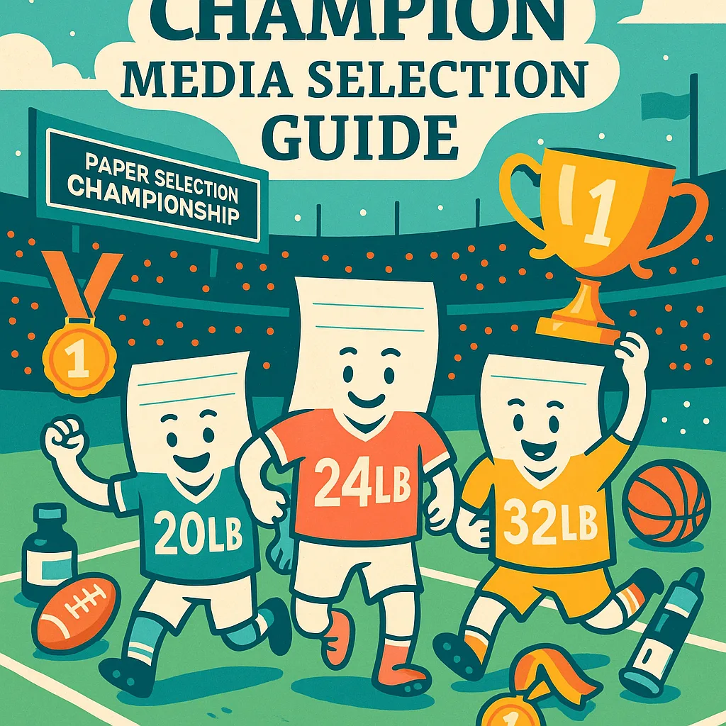 A bright, energetic illustration various types of poster paper arranged like athletes on a sports field. Include representations of different paper weights (20lb, 24lb, 32lb) as cartoon characters