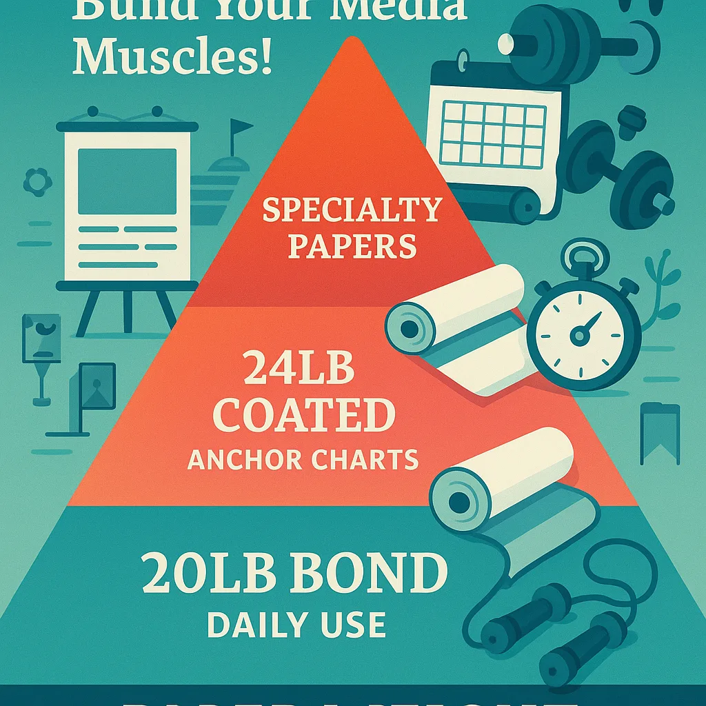 Design a infographic a “Paper Weight Training Pyramid” different levels representing paper weights and their uses. Bottom level shows 20lb bond for daily use, middle shows 24lb coated for anchor Design a infographic a "Paper Weight Training Pyramid" different levels representing paper weights and their uses. Bottom level shows 20lb bond for daily use, middle shows 24lb coated for anchor