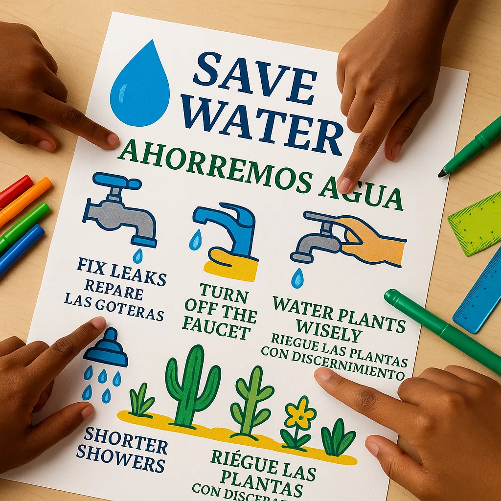 Students collaborating on water conservation poster design