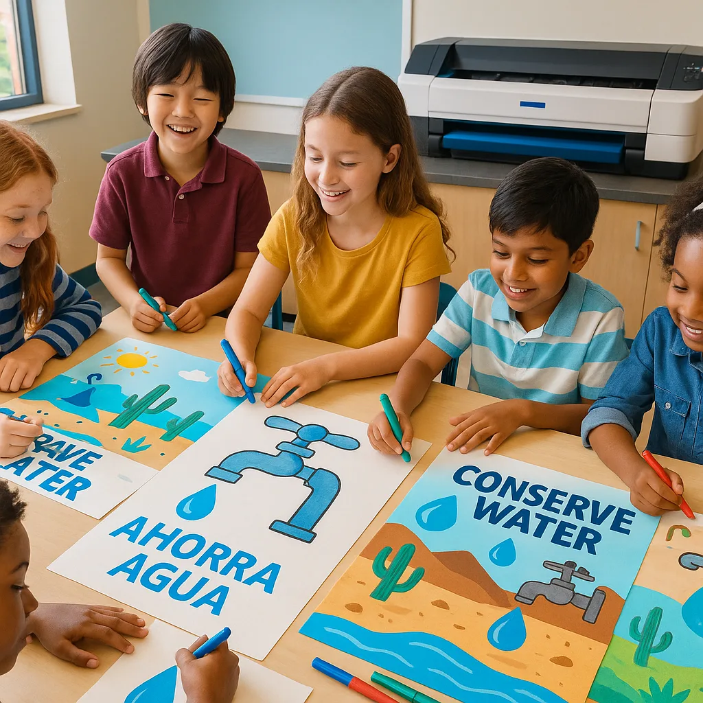 A vibrant, wide-format image diverse elementary and middle school students collaborating around a large poster design table. They are creating colorful water conservation posters images of water