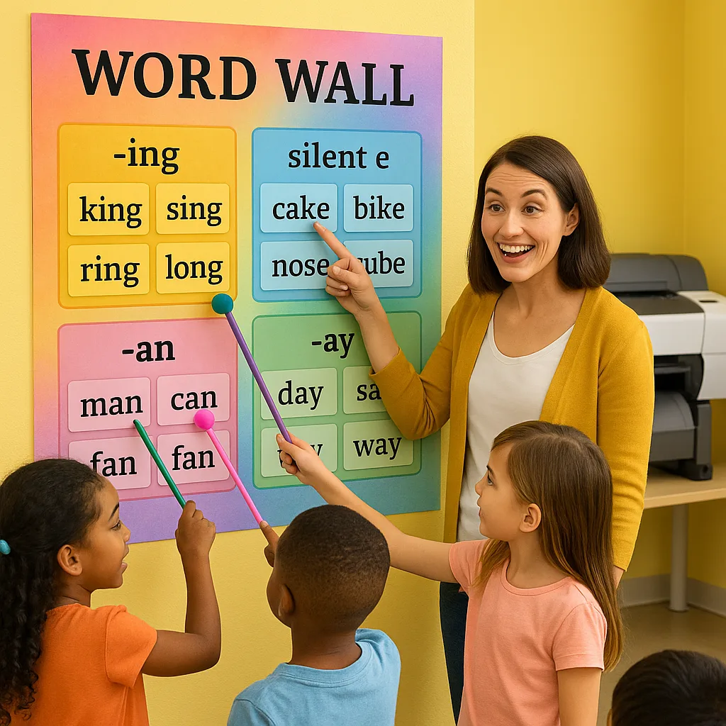 A bright, cheerful classroom scene a word wall created a school poster maker. Show colorful word cards organized by phonics patterns (words ending in -ing in yellow section, silent e words in blue