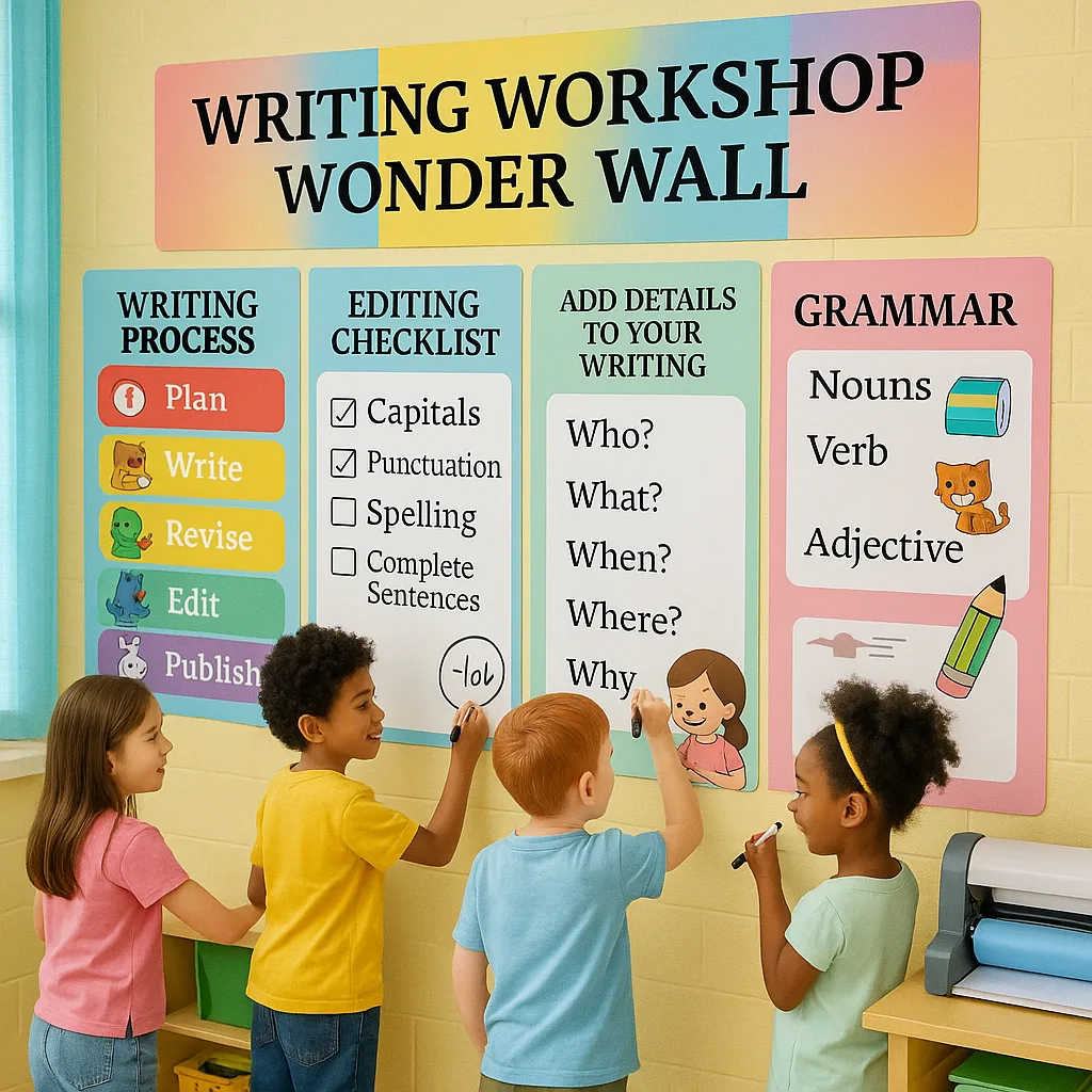 A bright, cheerful first-grade classroom corner a "Writing Workshop Wonder Wall" created a school poster maker. The wall features large, colorful laminated posters a rainbow-colored writing
