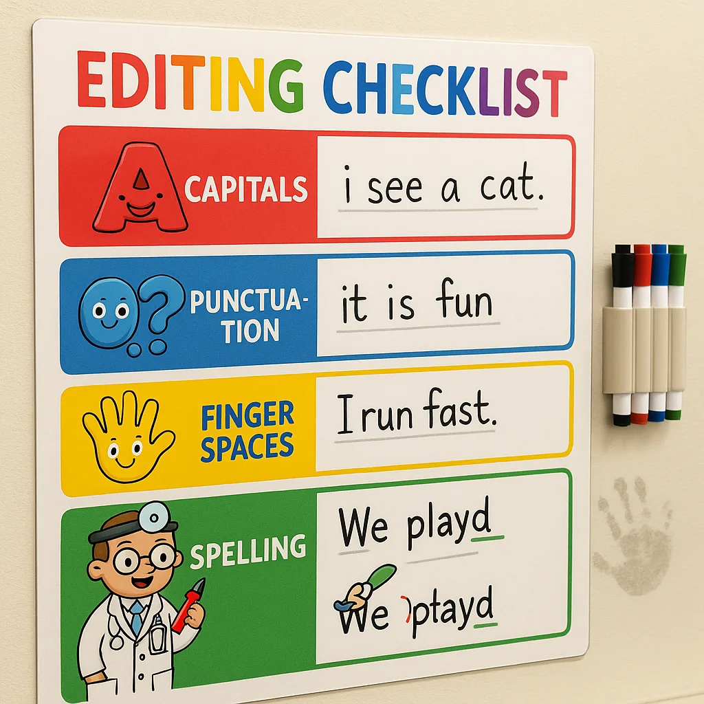 A close-up view of an interactive editing station created a school poster maker, laminated poster surfaces at child height (about 3 feet from ground). The main focus is on a large “Editing A close-up view of an interactive editing station created a school poster maker, laminated poster surfaces at child height (about 3 feet from ground). The main focus is on a large "Editing