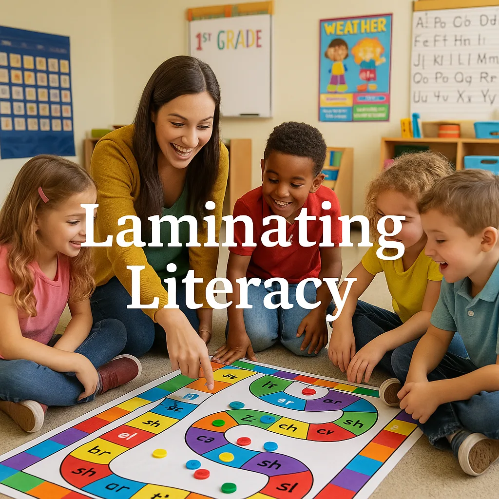 A bright, cheerful first-grade classroom scene a teacher and several 6-7 year old students gathered around a colorful laminated phonics game board on the floor. The game board should be large