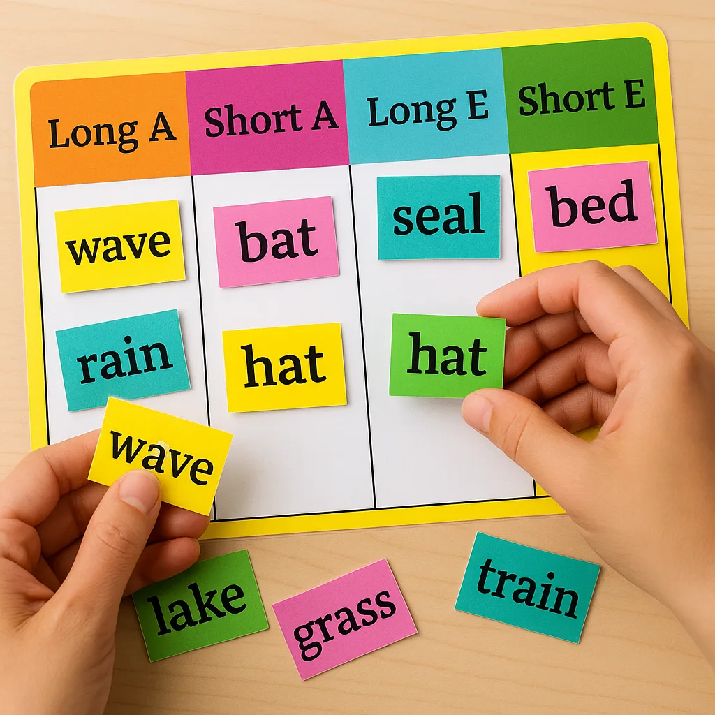 Close-up photograph of hands sorting colorful laminated word cards on a word sort mat. The mat should have 3-4 columns headers like "Long A," "Short A," etc. in bold, kid-friendly fonts. Word