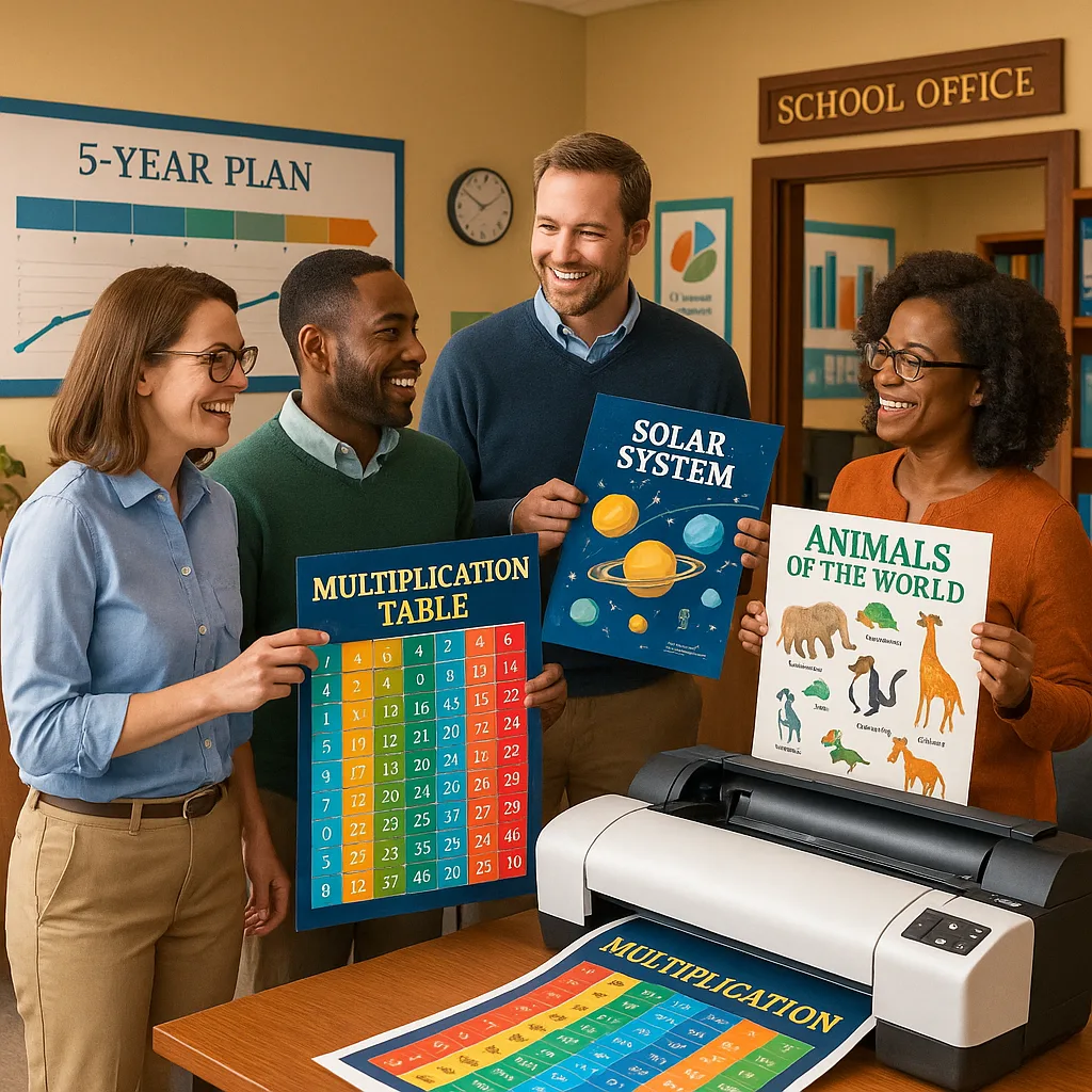 A bright, school office or media center a poster printer prominently displayed. Teachers and administrators are gathered around reviewing colorful educational posters. The scene shows a timeline