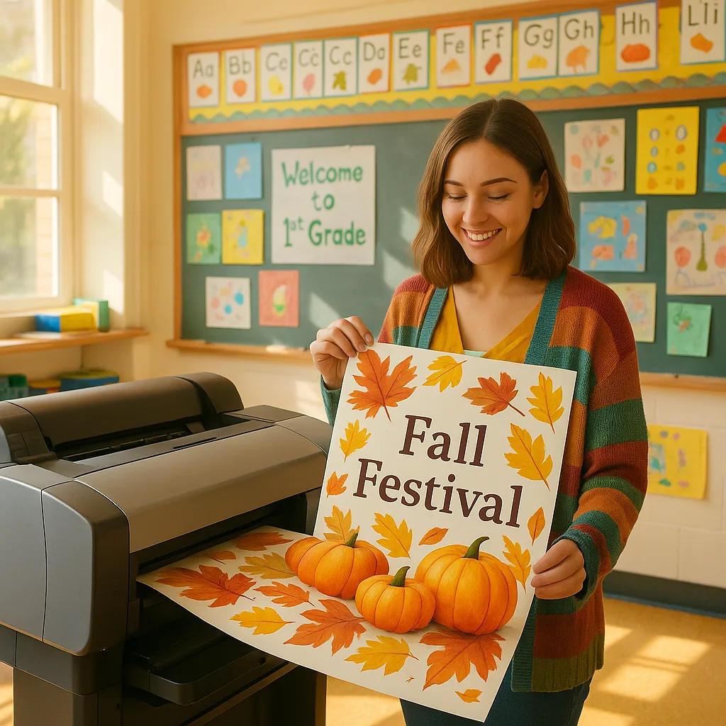 A bright, cheerful classroom scene a young female teacher shoulder-length brown hair, wearing a colorful cardigan, standing next to a large poster printer (similar to a wide-format printer). She's