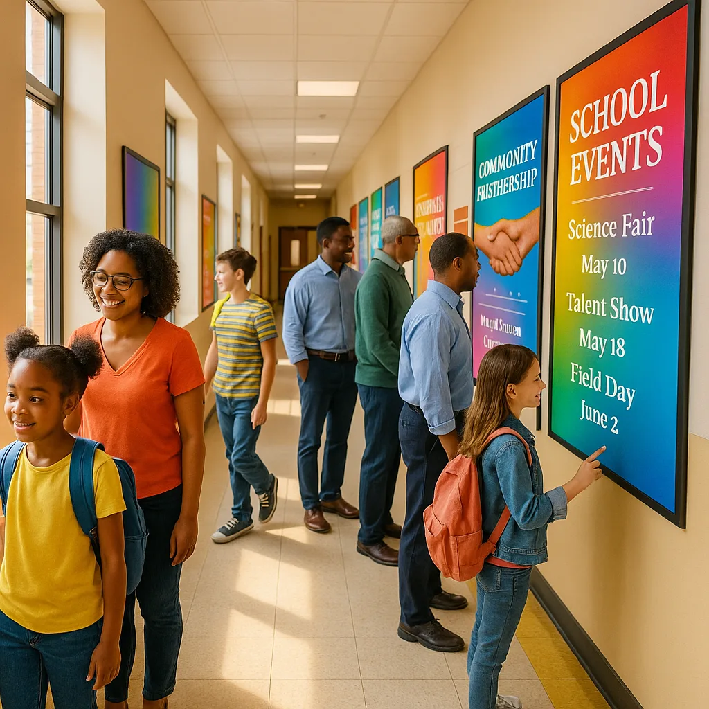 A vibrant, professionally-lit photograph showcasing a school hallway colorful poster displays on the walls. The scene features diverse students, teachers, and community members engaging the visual