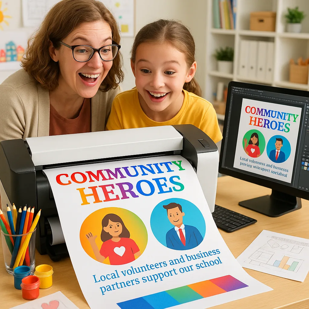 A close-up photograph of a teacher and student working together at a poster maker machine in a bright, organized classroom setting. The poster being printed shows a "Community Heroes" design local