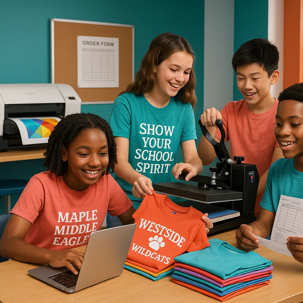 A vibrant, energetic scene diverse middle school students (ages 11-14) actively working in a classroom sublimation printing business. Include students designing on laptops, operating a heat press,
